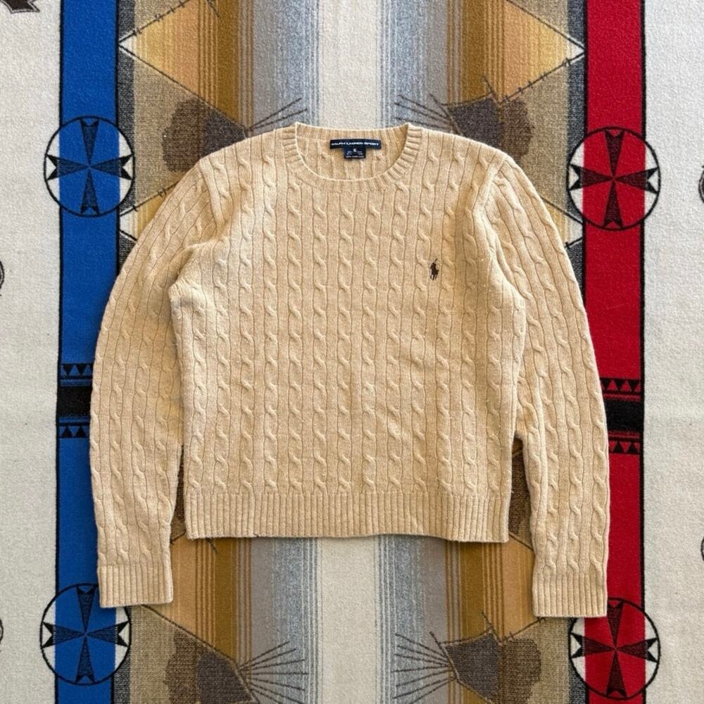 Vintage Women’s Ralph Lauren Sport 100% Lambswool Cable Knit Sweater XL Beige